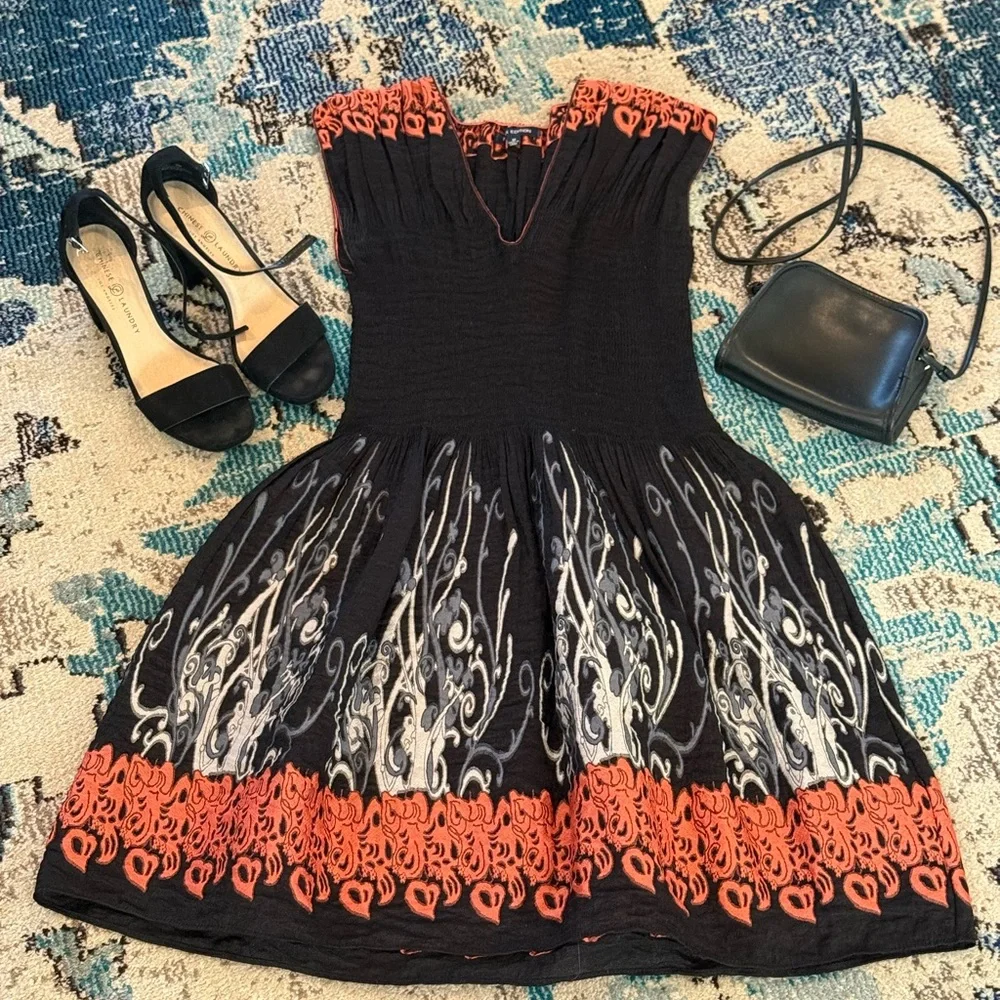 Black Orange Ruched Fit & Flare Dress V Neck Mini Party Dress M - Picture 1 of 4